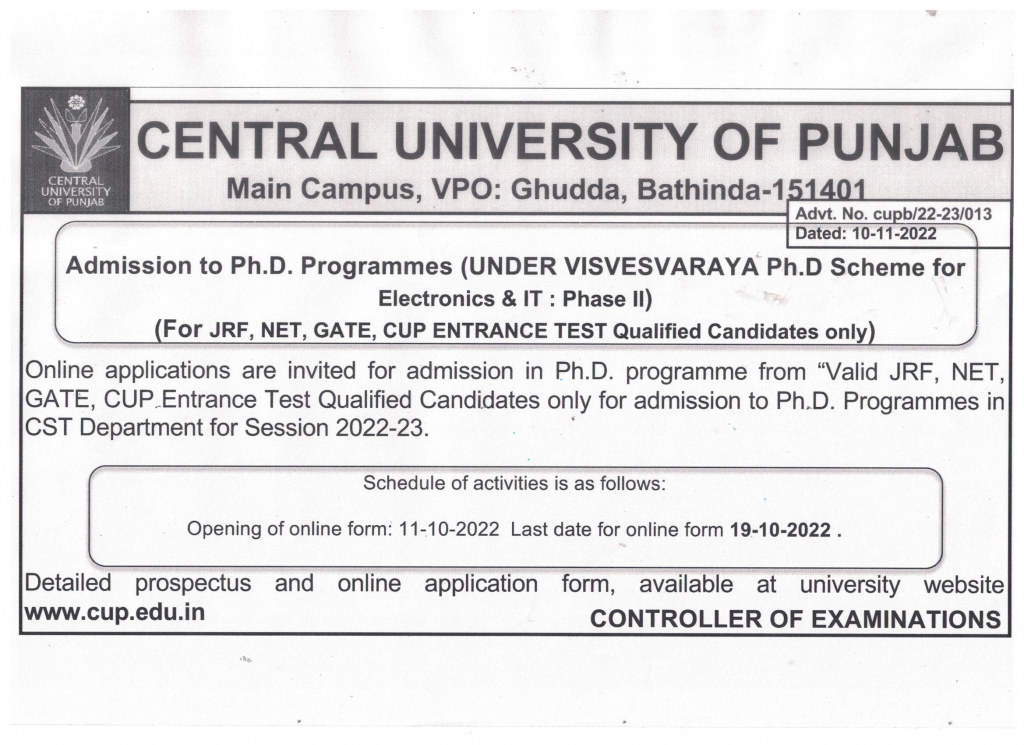 phd entrance exam 2022 central university